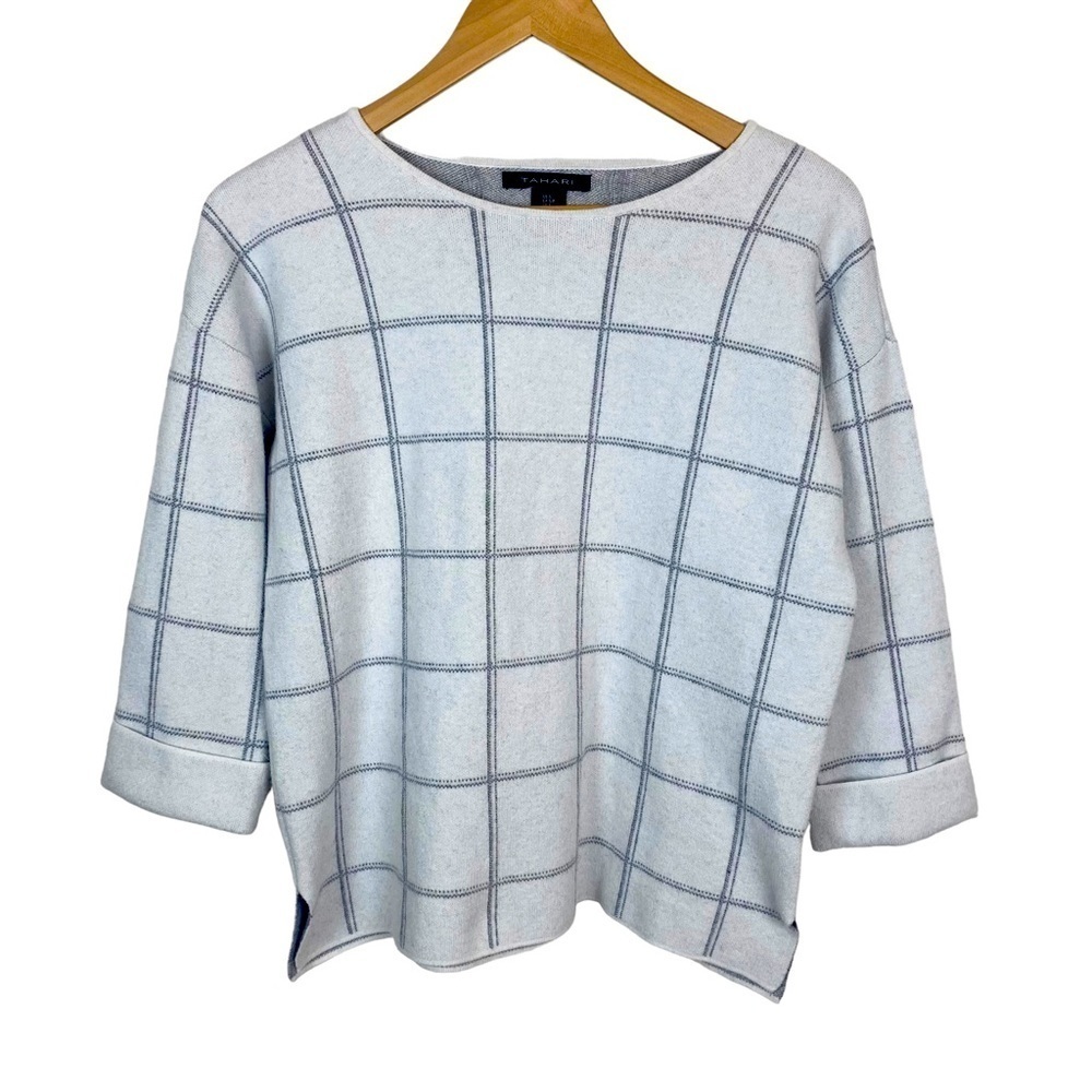 Tahari Mock Neck Window Pane Sweater Small Gray